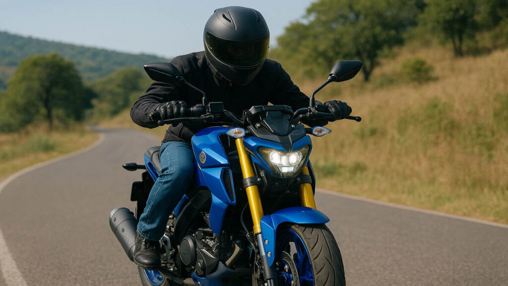 Rider on a blue Yamaha MT 15 V2 on a countryside road