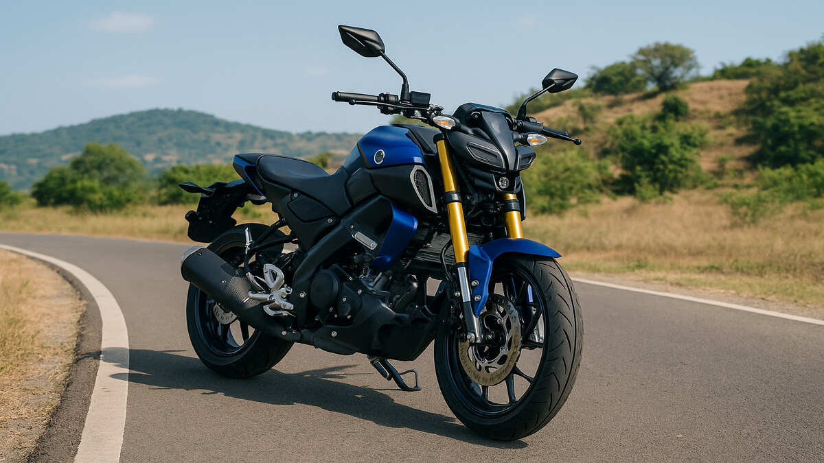 Blue Yamaha MT 15 V2 parked on a scenic empty road