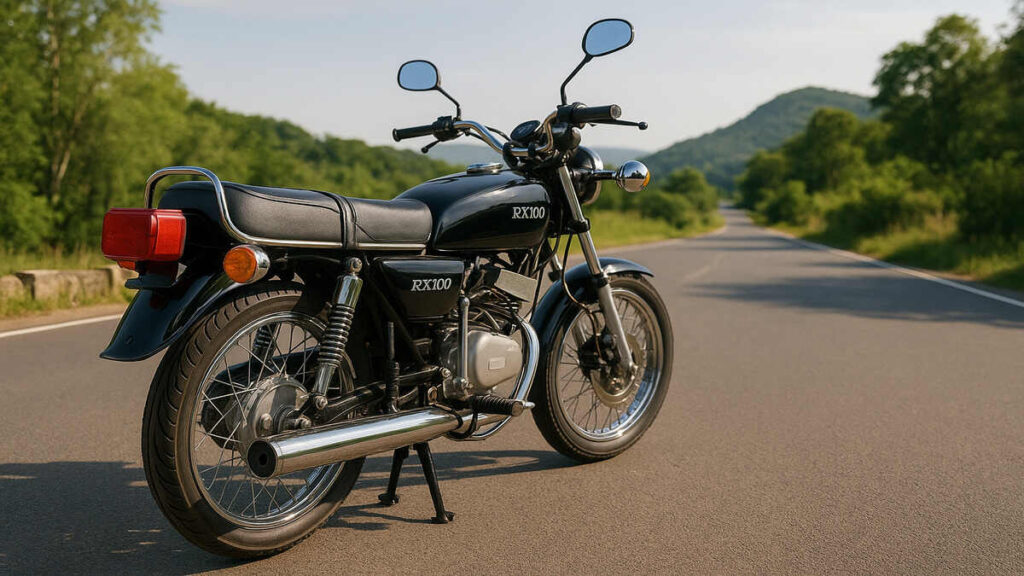 Yamaha RX100 parked on a scenic road in natural daylight.