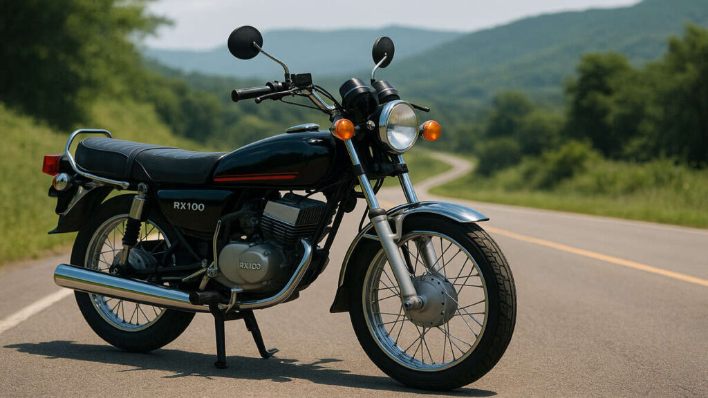 Black Yamaha RX100 parked on a scenic road in natural daylight.