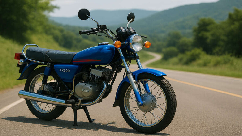 Blue Yamaha RX100 parked on a scenic road in natural daylight.