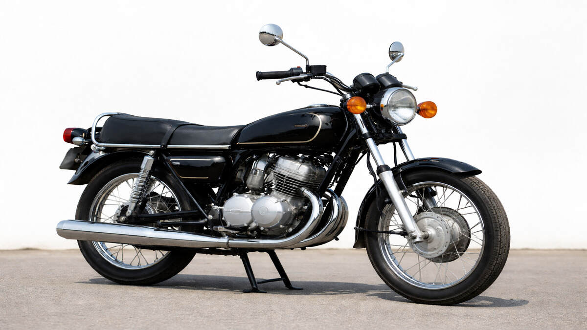 Black Yamaha Rajdoot 350 classic motorcycle parked on road