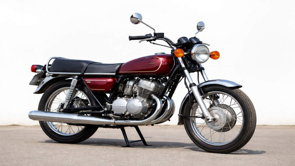 Red Yamaha Rajdoot 350 classic motorcycle side view