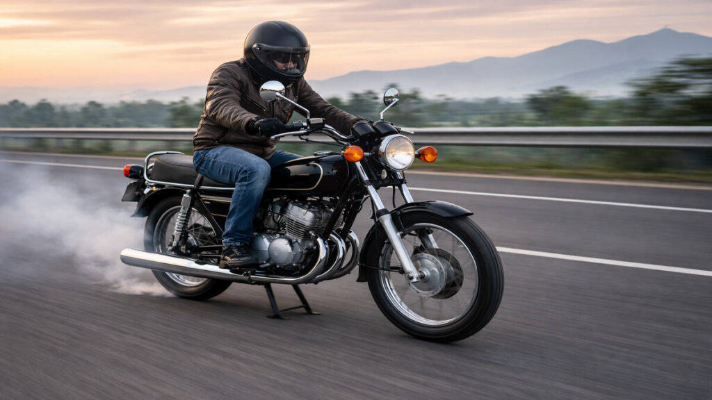 Rider riding Yamaha Rajdoot 350 on open highway