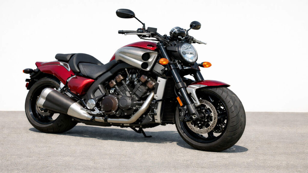 Red Yamaha VMAX muscle bike front three quarter view on open road