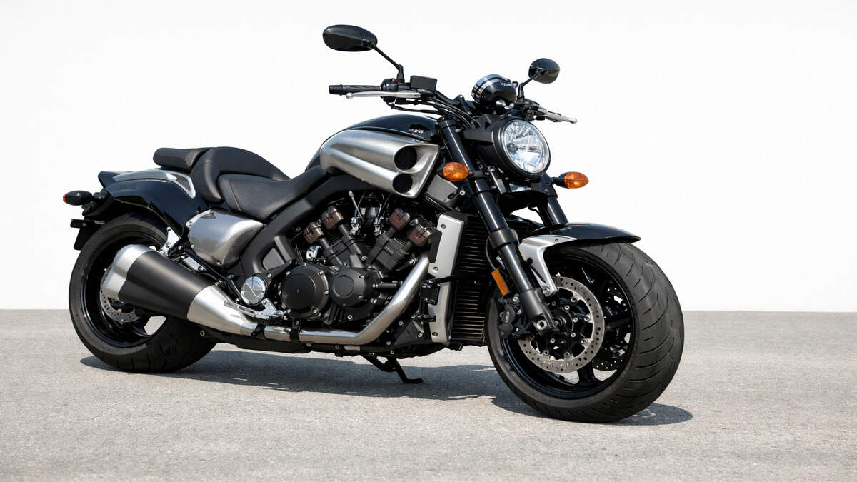 Yamaha VMAX muscle bike parked on open road, front side view
