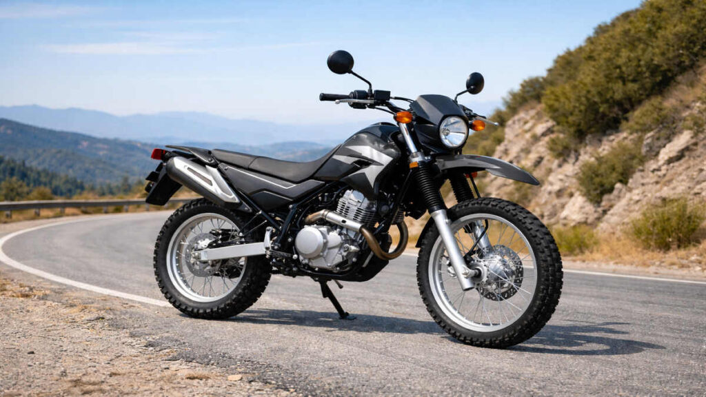 Yamaha XT250 dual sport motorcycle parked on a scenic mountain road