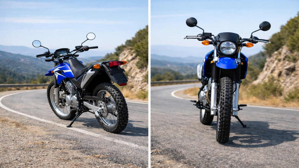 Yamaha XT250 motorcycle front and rear view parked on a scenic road