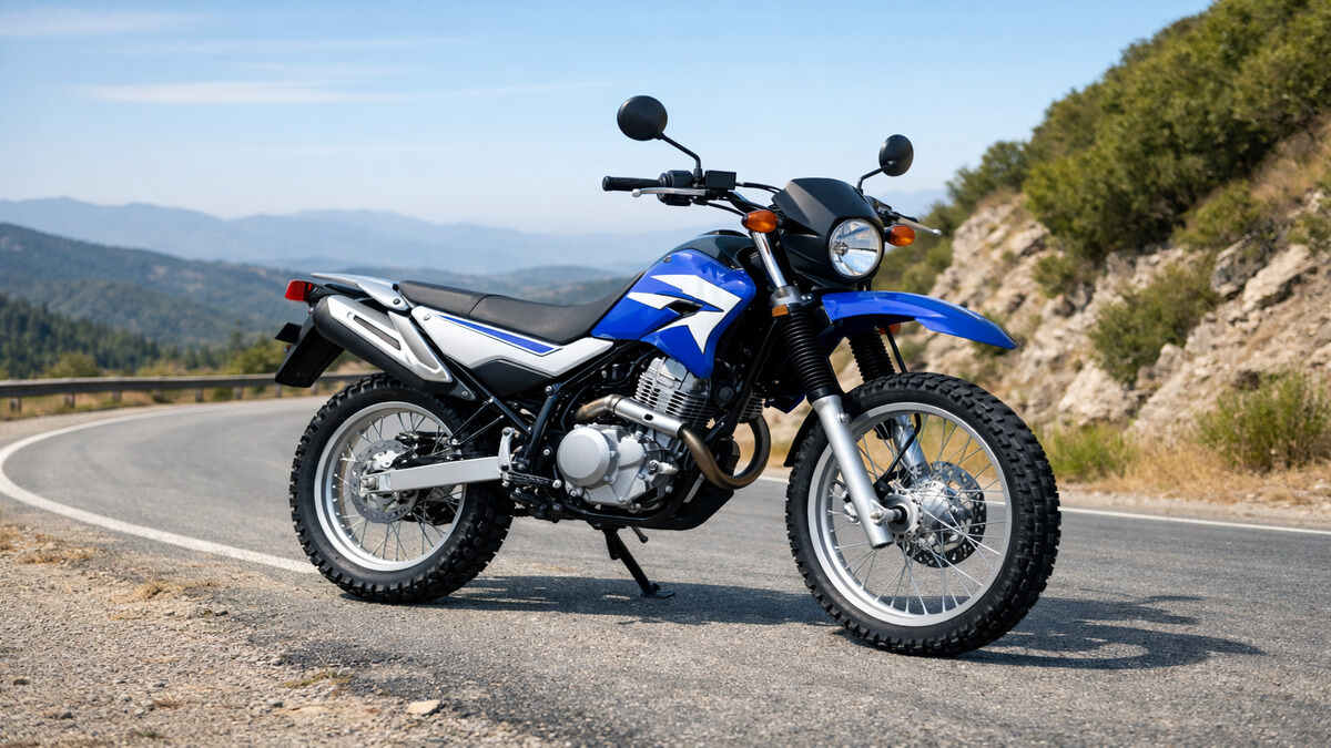 Yamaha XT250 dual sport motorcycle parked on scenic mountain road