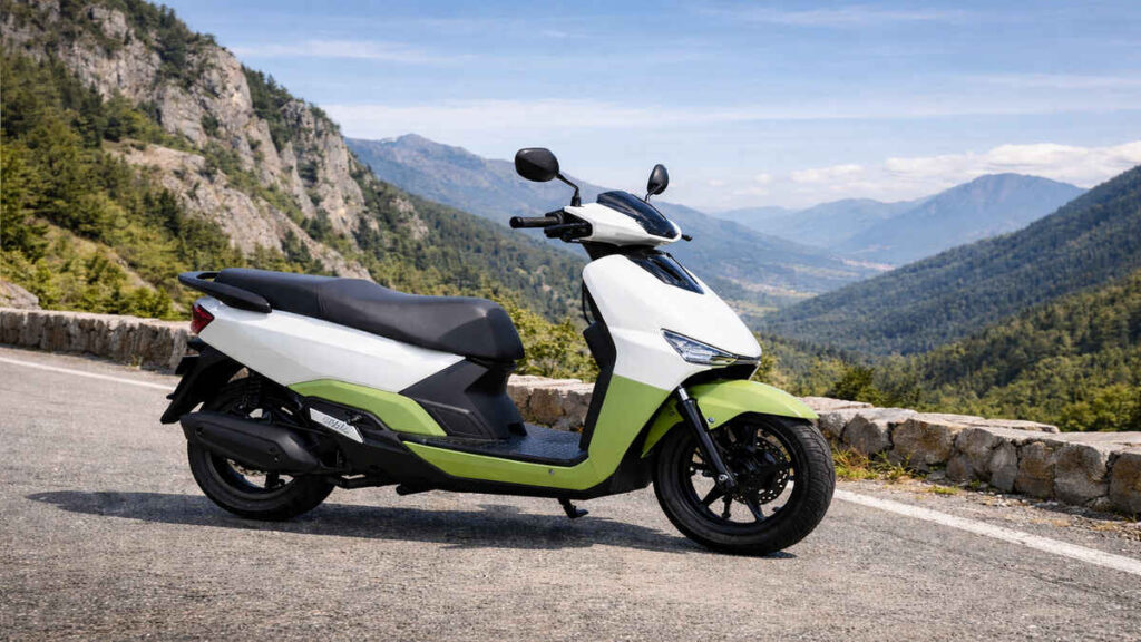 Green and white Ather Rizta electric scooter parked on a mountain road
