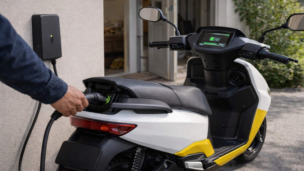 Person charging an Ather Rizta electric scooter at home