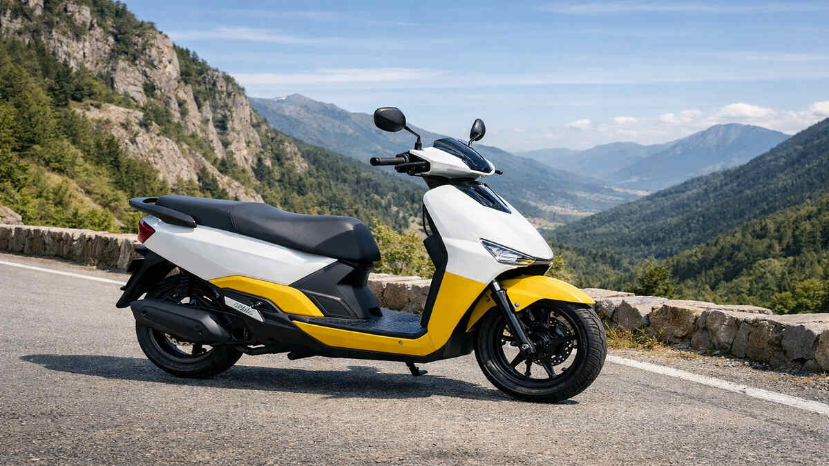 White and yellow Ather Rizta electric scooter parked on a mountain road