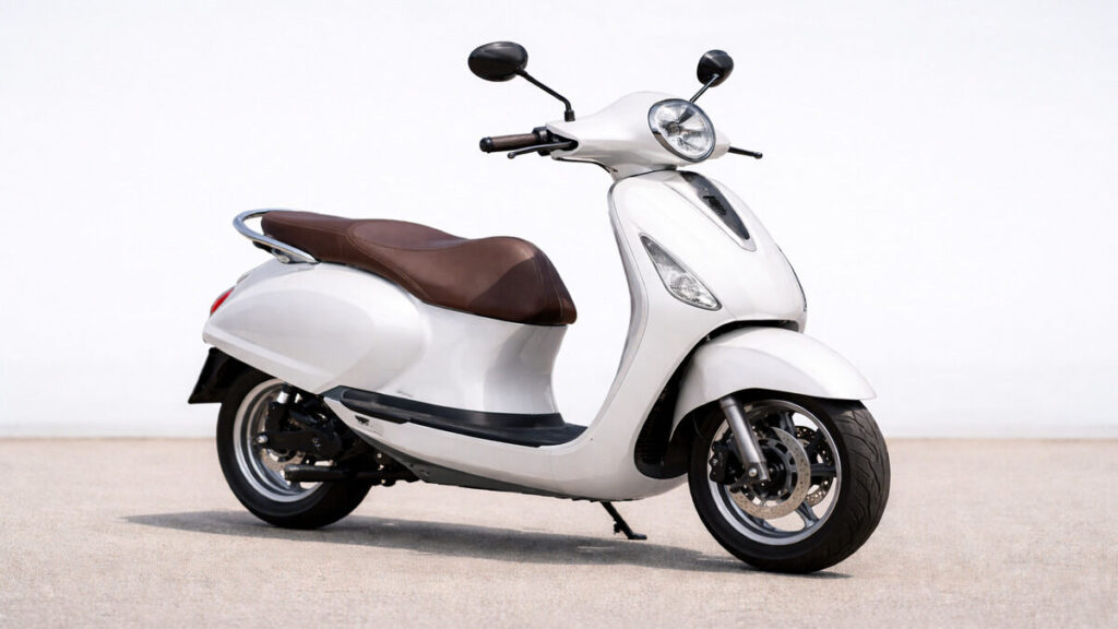 Bajaj Chetak Electric scooter in white color on plain background