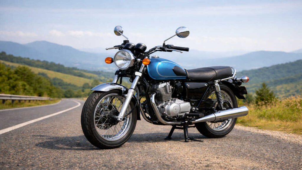 Blue Tata Classic 125cc motorcycle on a scenic countryside road