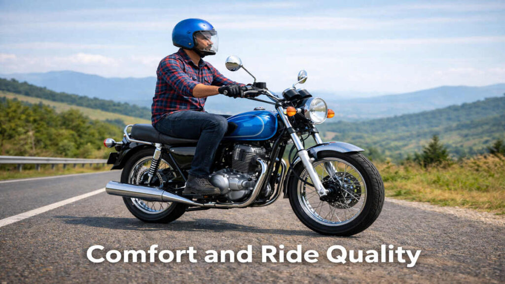 Rider on Tata Classic 125cc motorcycle enjoying a smooth and comfortable ride