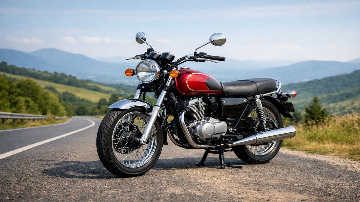 Classic 125cc motorcycle parked on a scenic road in natural daylight