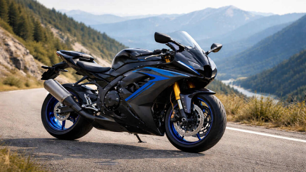 Yamaha YZF R9 black sport bike on mountain road
