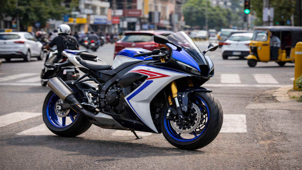 Yamaha YZF R9 sport bike in city traffic junction