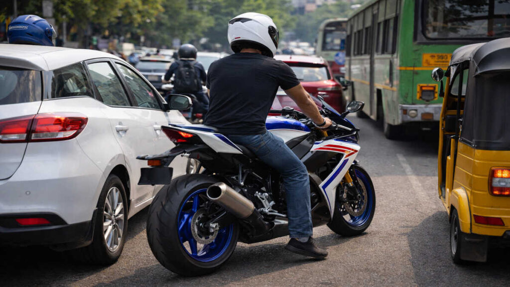 Yamaha YZF R9 rider in busy city traffic
